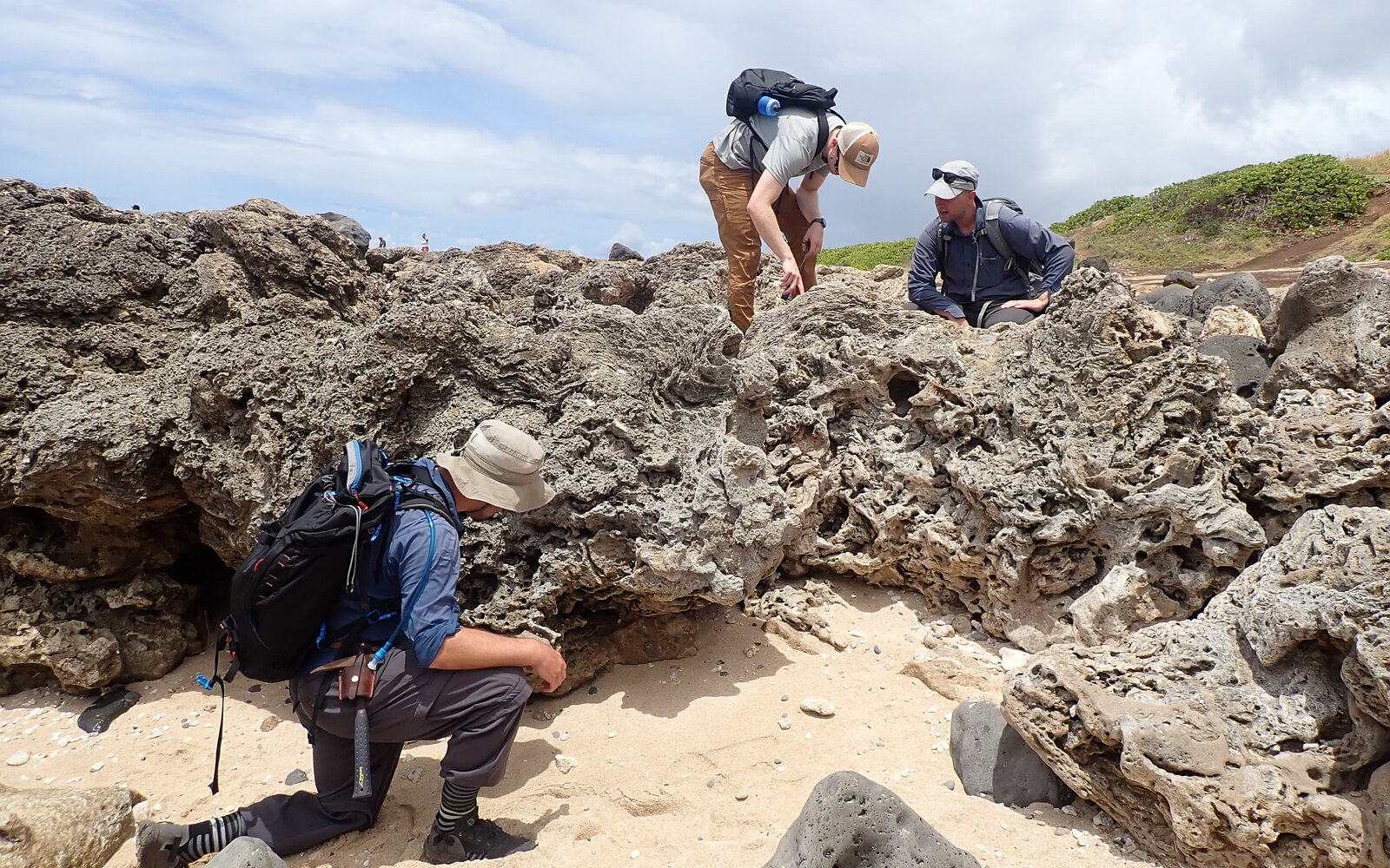HISEAS team inspecting Last Interglacial reef limestone at Ka'ena Point.